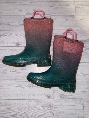 Western Chief Kids Ombre Pink to Teal Glitter Rain Boots with Pull Handles